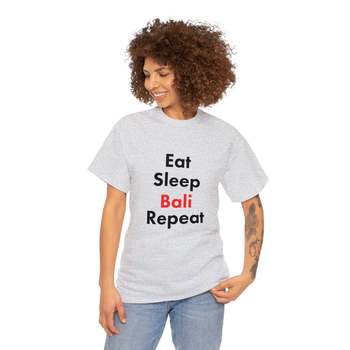 “Eat, Sleep, Bali, Repeat” Text T-shirt Unisex Heavy Cotton Tee Simple Text for Travelers