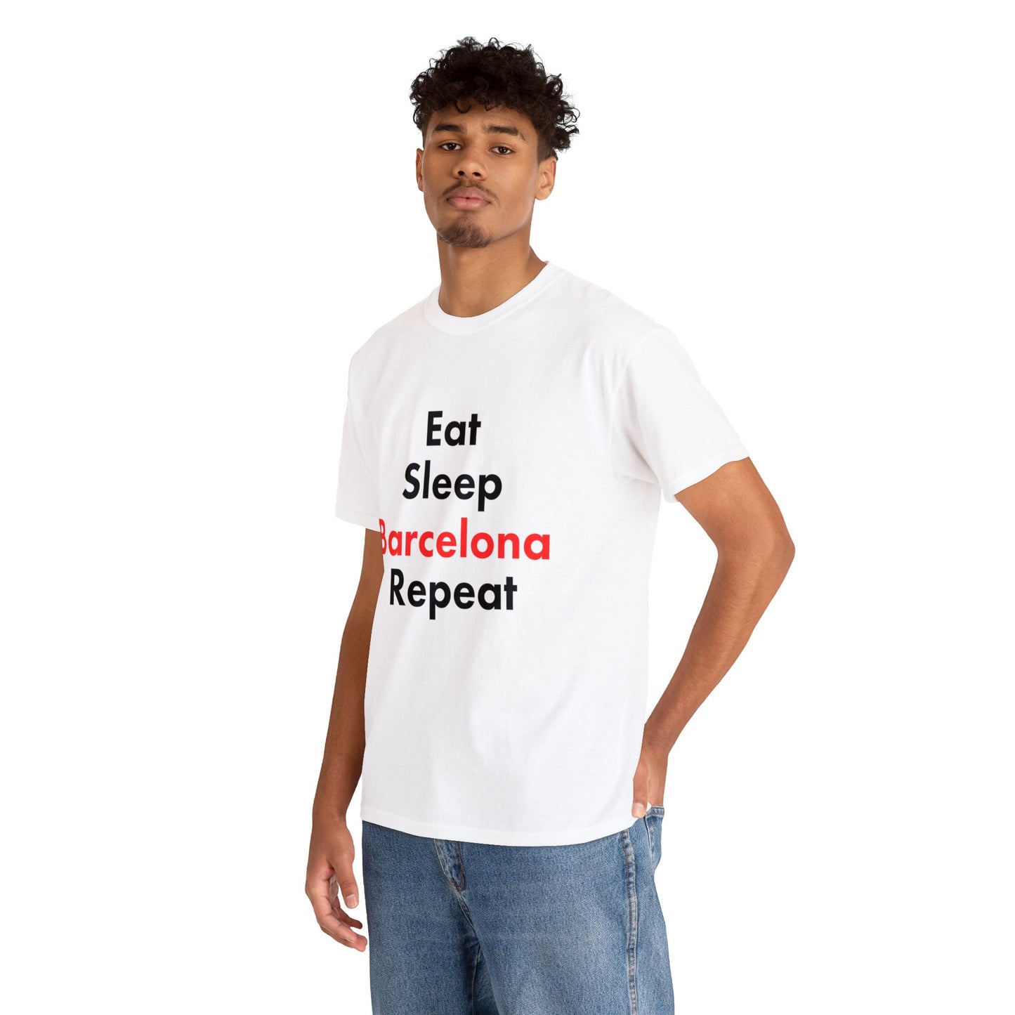 “Eat, Sleep, Barcelona, Repeat” Text T-shirt Unisex Heavy Cotton Tee Simple Text for Travelers