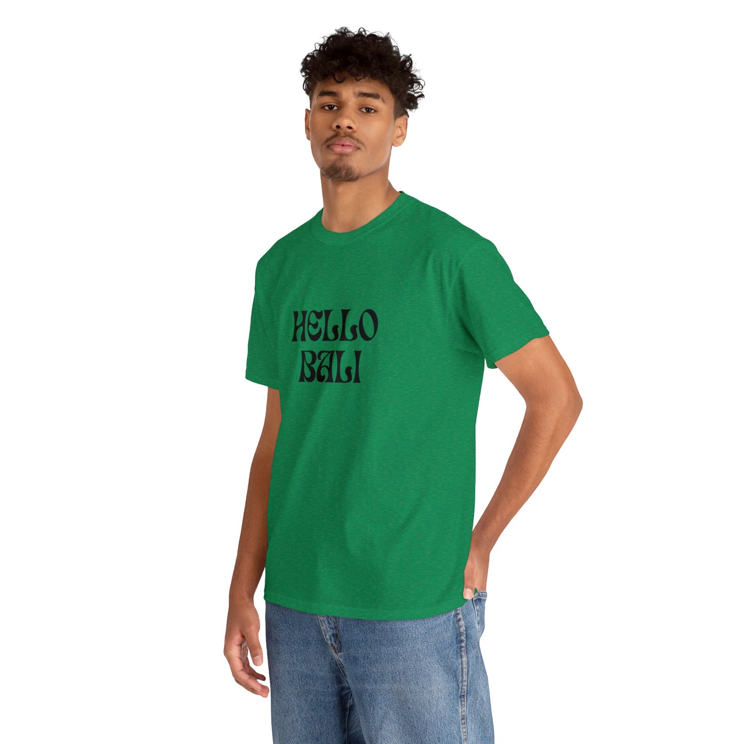 "HELLO BALI" Text T-shirt Unisex Heavy Cotton Tee Simple Text for Travelers