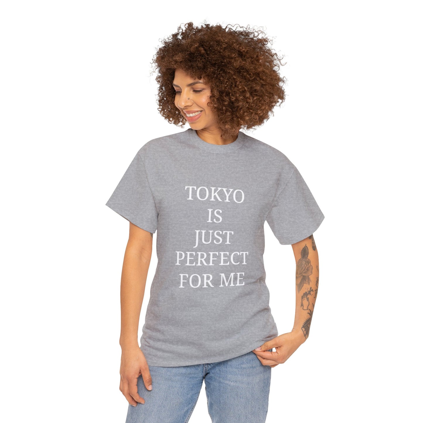 "TOKYO is just perfect for me" Text T-shirt Unisex Heavy Cotton Tee Simple Text for Travelers