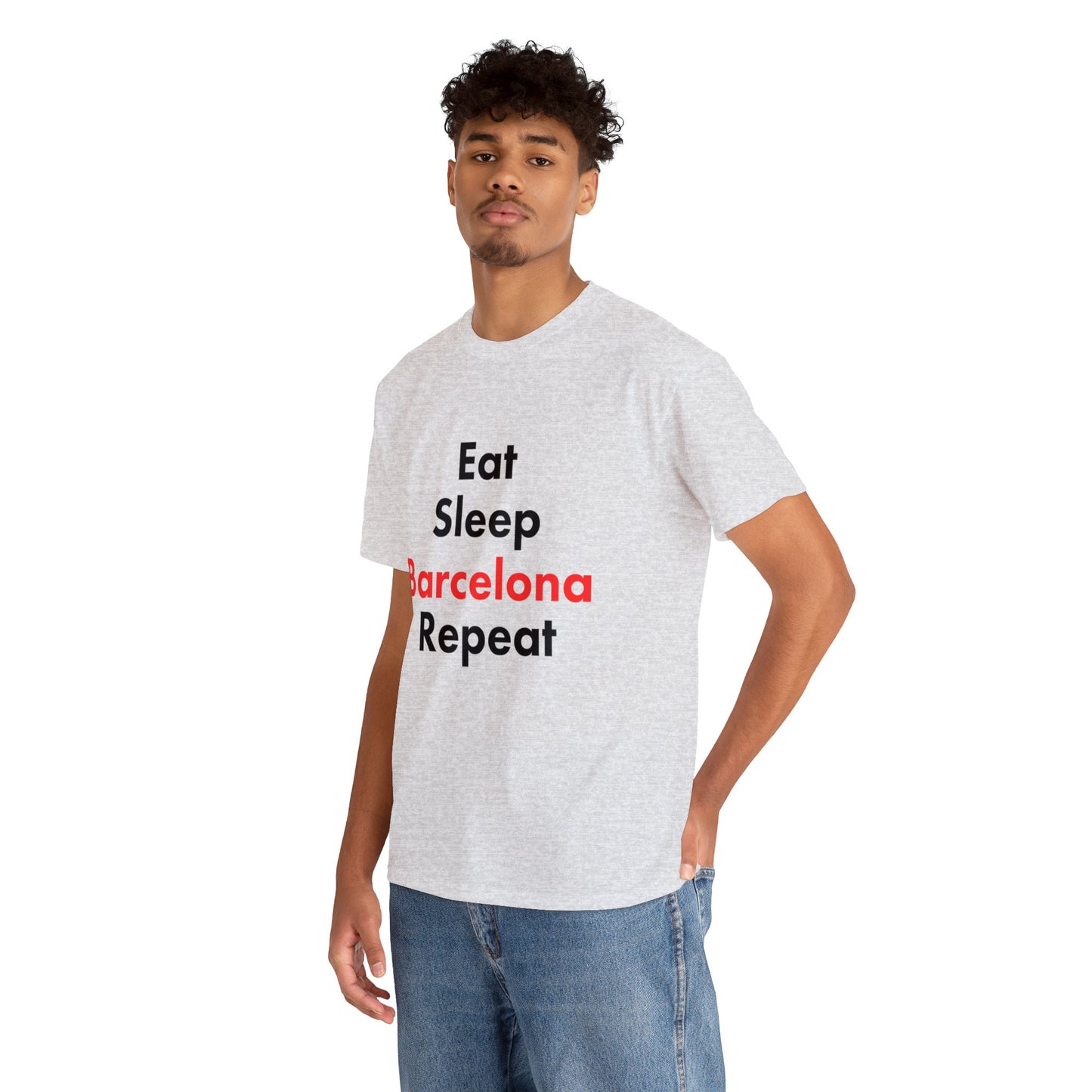 “Eat, Sleep, Barcelona, Repeat” Text T-shirt Unisex Heavy Cotton Tee Simple Text for Travelers