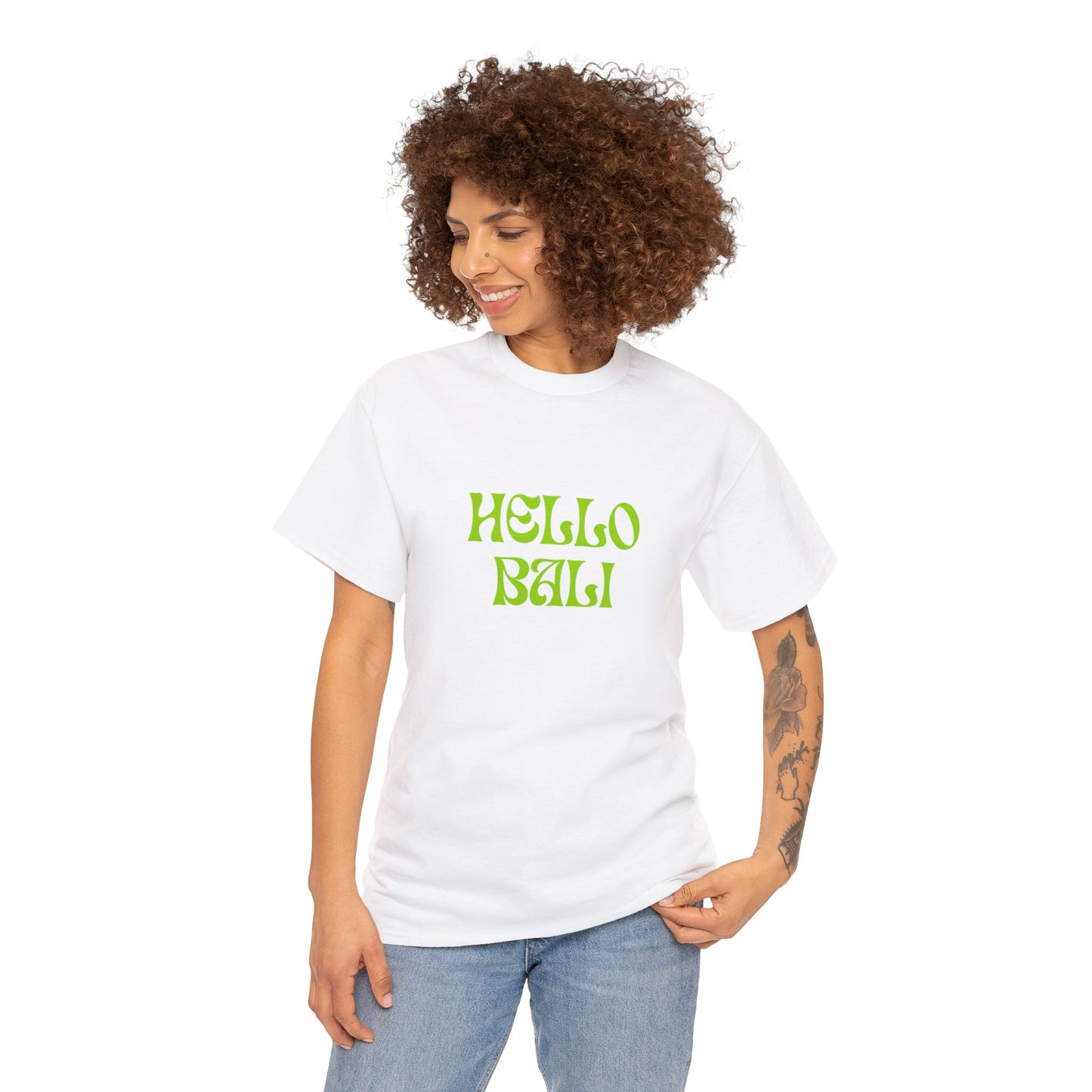 "HELLO BALI" Text T-shirt Unisex Heavy Cotton Tee Simple Text for Travelers